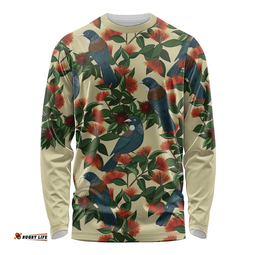 New Zealand Christmas Long Sleeve Shirt Romantic Tui Birds on Pohutukawa - Ivory LT7