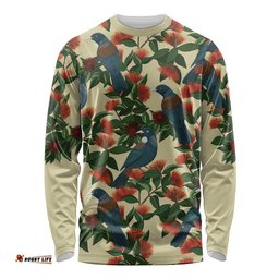 New Zealand Christmas Long Sleeve Shirt Romantic Tui Birds on Pohutukawa - Ivory LT7