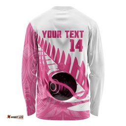 New Zealand Lawn Bowls Breast Cancer Custom Long Sleeve Shirt Aotearoa Maori Silver Fern Pink Ribbon LT14