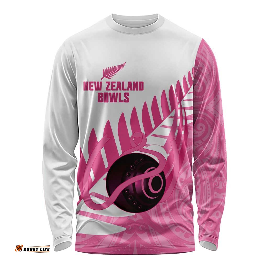 New Zealand Lawn Bowls Breast Cancer Custom Long Sleeve Shirt Aotearoa Maori Silver Fern Pink Ribbon LT14