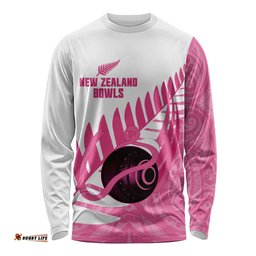 New Zealand Lawn Bowls Breast Cancer Custom Long Sleeve Shirt Aotearoa Maori Silver Fern Pink Ribbon LT14