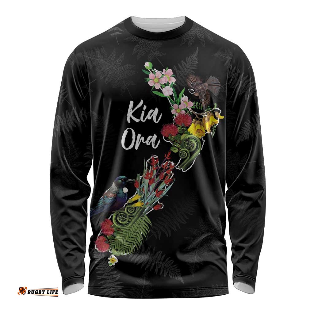 Kia Ora New Zealand Floral Personalized Long Sleeve Shirt Black LT7
