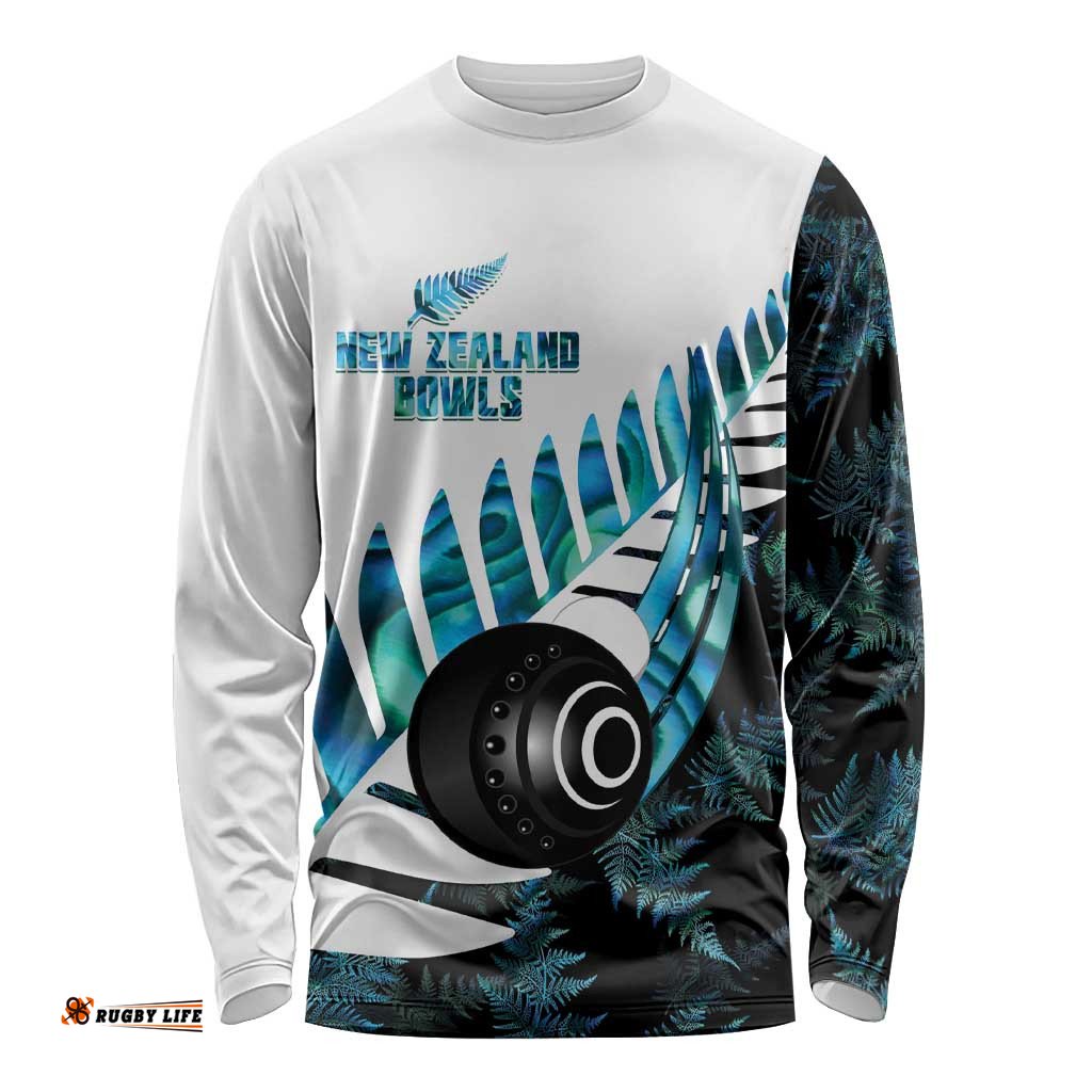 New Zealand Lawn Bowls Custom Long Sleeve Shirt Aotearoa Silver Fern Paua Shell LT14