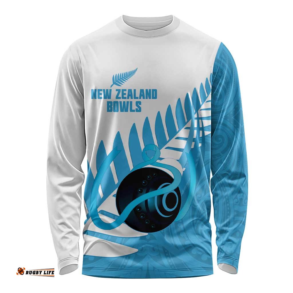New Zealand Lawn Bowls Prostate Cancer Custom Long Sleeve Shirt Aotearoa Maori Silver Fern Blue Ribbon LT14