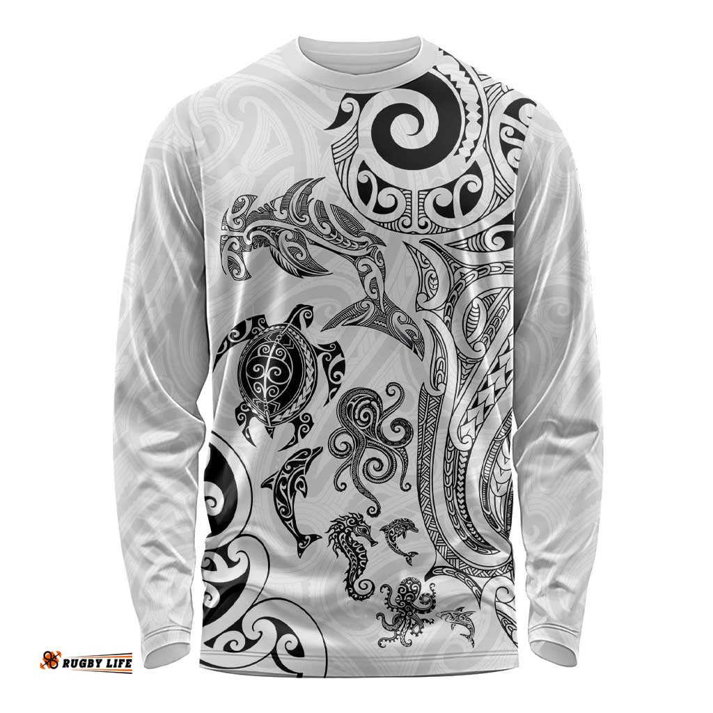 New Zealand Sea Animals with Maori Tribal Tattoo Long Sleeve Shirt White Color LT03