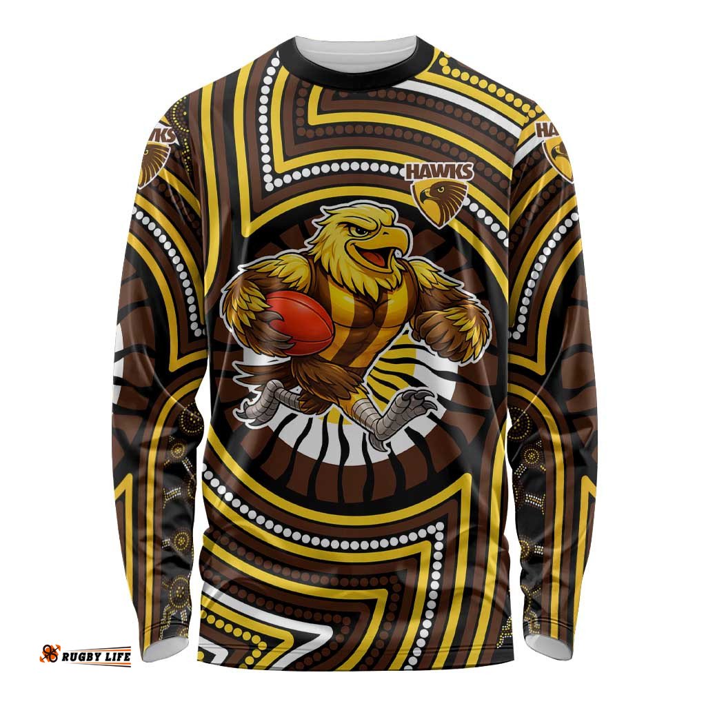 Hawthorn Hawks Long Sleeve Shirt Indigenous Monochrome Dot Art Mascot Style TS04