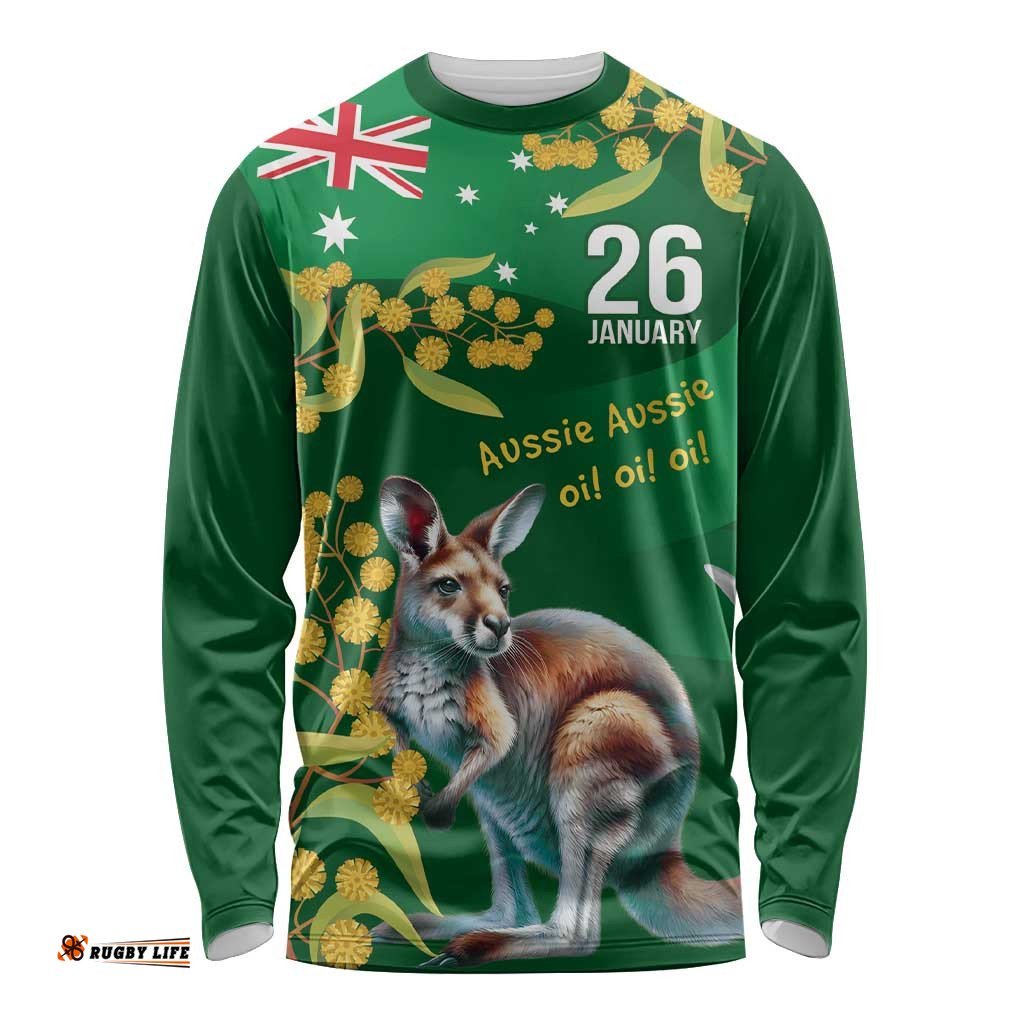 Green Kangaroo and Golden Wattle Personalised Long Sleeve Shirt Happy Australia Day 6 January LT9