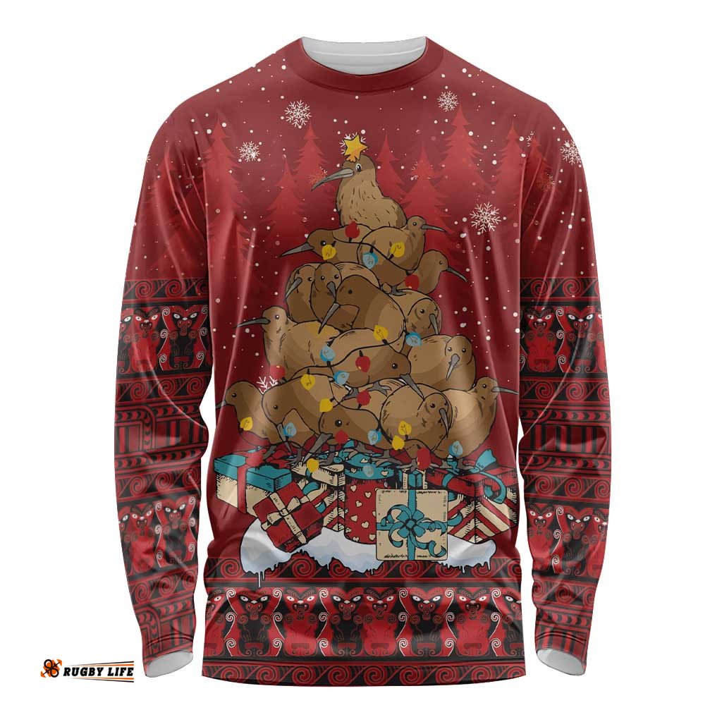 Funny Kiwi Bird Xmas Tree Long Sleeve Shirt New Zealand Tribal Christmas Spirit LT9