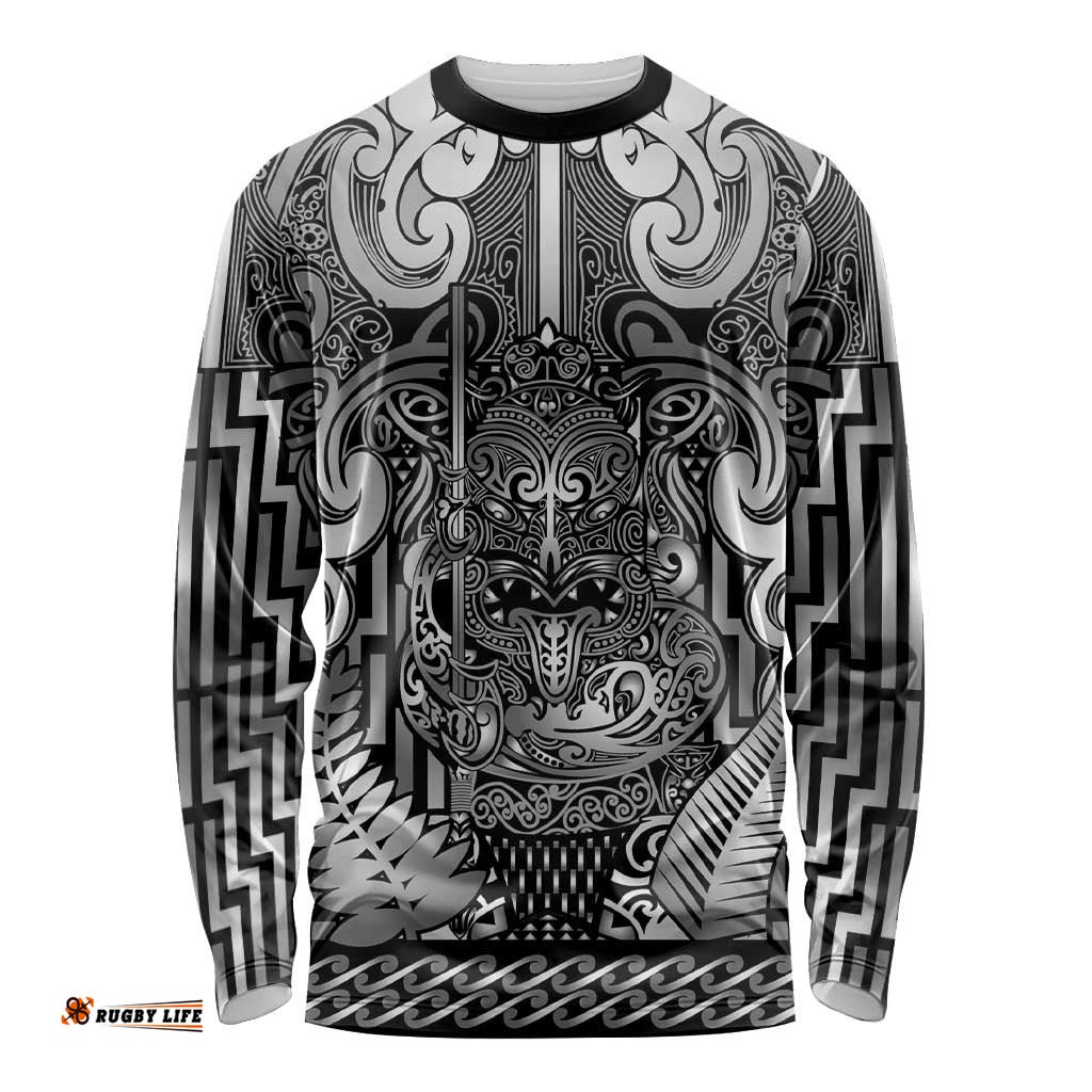 Custom New Zealand Taiaha Maori Long Sleeve Shirt Kiwikiwi Minimalist Silver Fern Tukutuku Motif LT9