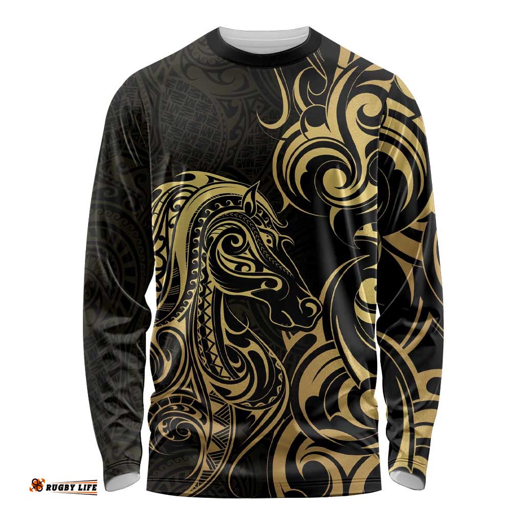 Gold And Black Aoteara Horse Racing Long Sleeve Shirt NZ Maori Pattern LT14