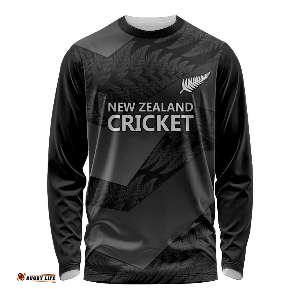 New Zealand Cricket Custom Long Sleeve Shirt Potae Pango Black Fern Pattern LT9