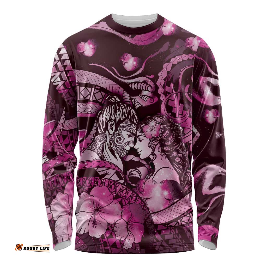 Personalised Maori Romantic Valentine Long Sleeve Shirt The Hongi Kiss Pink Galaxy DT05