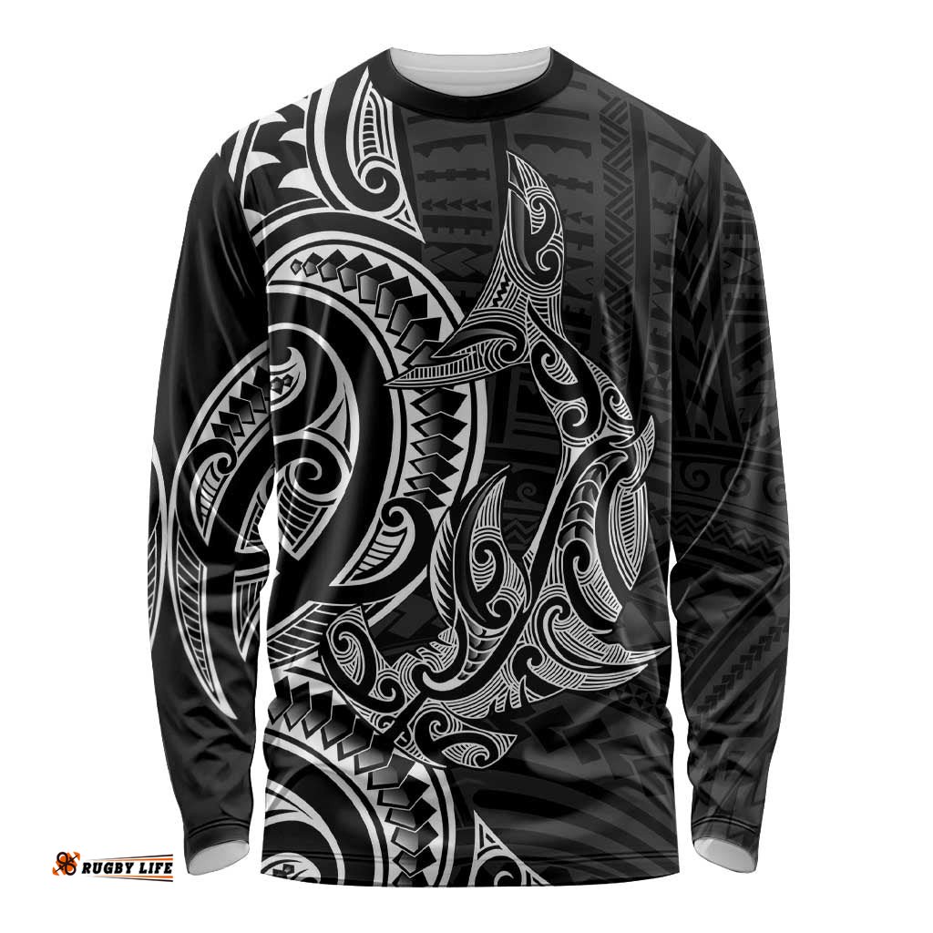 New Zealand Hammerhead Shark Long Sleeve Shirt Maori Haehae Mangopare Black LT14