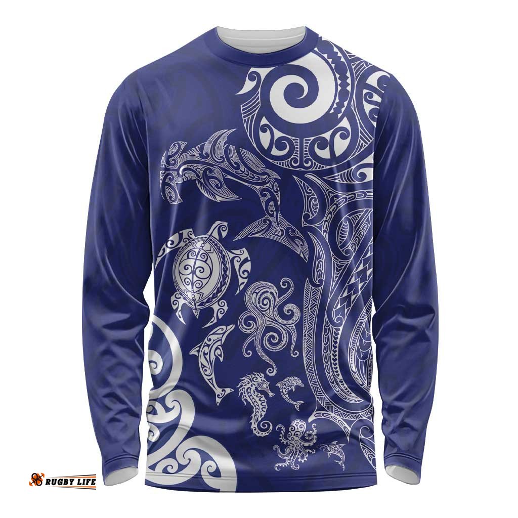 New Zealand Sea Animals with Maori Tribal Tattoo Long Sleeve Shirt Blue Color LT03