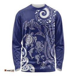 New Zealand Sea Animals with Maori Tribal Tattoo Long Sleeve Shirt Blue Color LT03