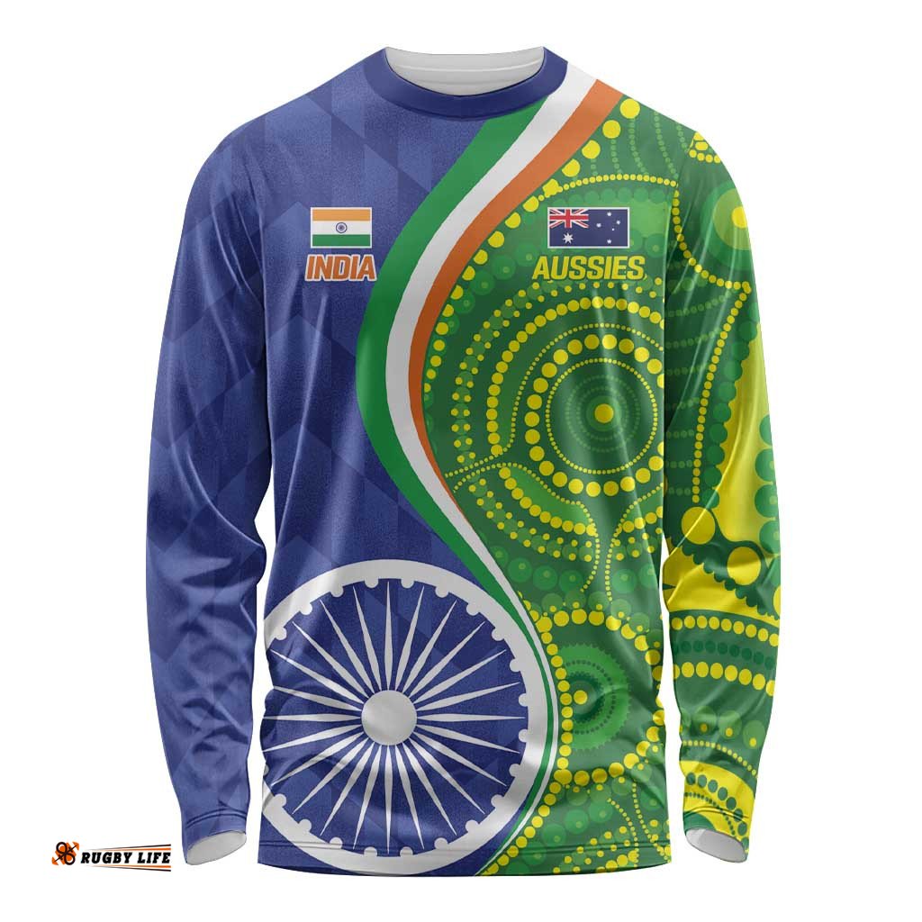 India Vs Australian Cricket Custom Long Sleeve Shirt Ashoka Chakra and Aboriginal Together LT9