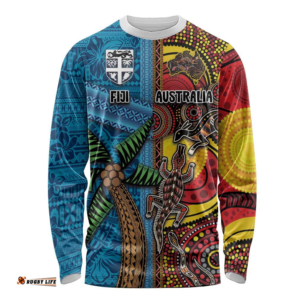 Personalised Australia and Fiji Together Long Sleeve Shirt Tribal Palm Tree with Tapa and Aboriginal Animals Half Style LT03
