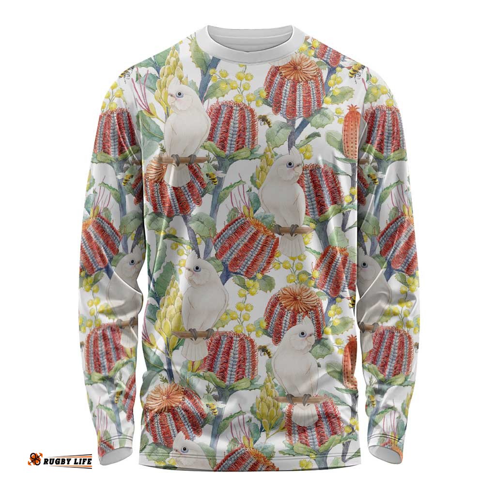 Little Corella Australia Cockatoo Long Sleeve Shirt Cacatua Sanguinea Banksia Seamless White LT14