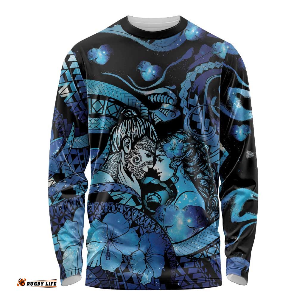 Personalised Maori Romantic Valentine Long Sleeve Shirt The Hongi Kiss Blue Galaxy DT05