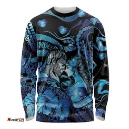 Personalised Maori Romantic Valentine Long Sleeve Shirt The Hongi Kiss Blue Galaxy DT05