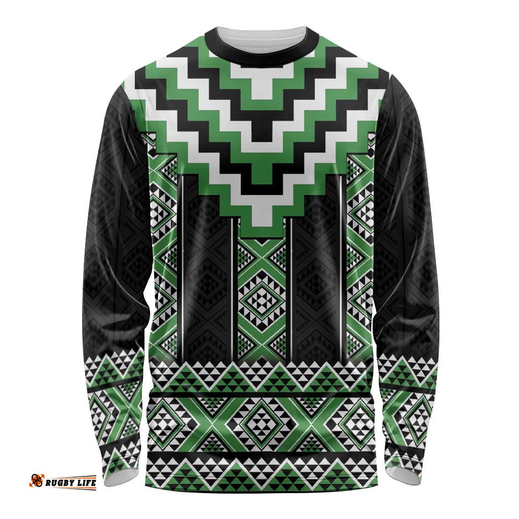 Green Taniko Pattern Aotearoa Long Sleeve Shirt Niho Taniwha Mix Poutama LT14