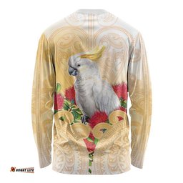 New Zealand Aotearoa Cockatoo Long Sleeve Shirt Maori Pattern With Pohutukawa Flowers LT05