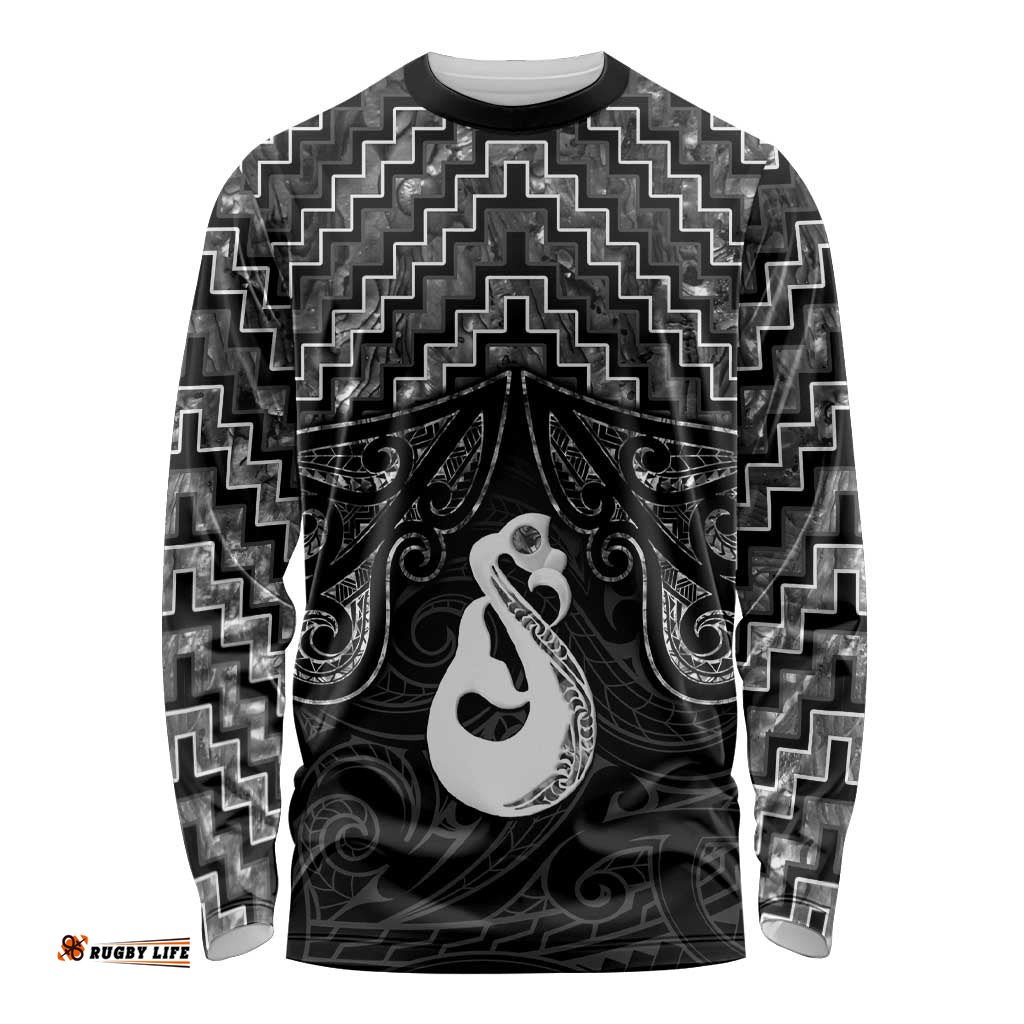 New Zealand Maori Long Sleeve Shirt Poutama Manaia Black Paua Shell LT05