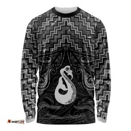 New Zealand Maori Long Sleeve Shirt Poutama Manaia Black Paua Shell LT05