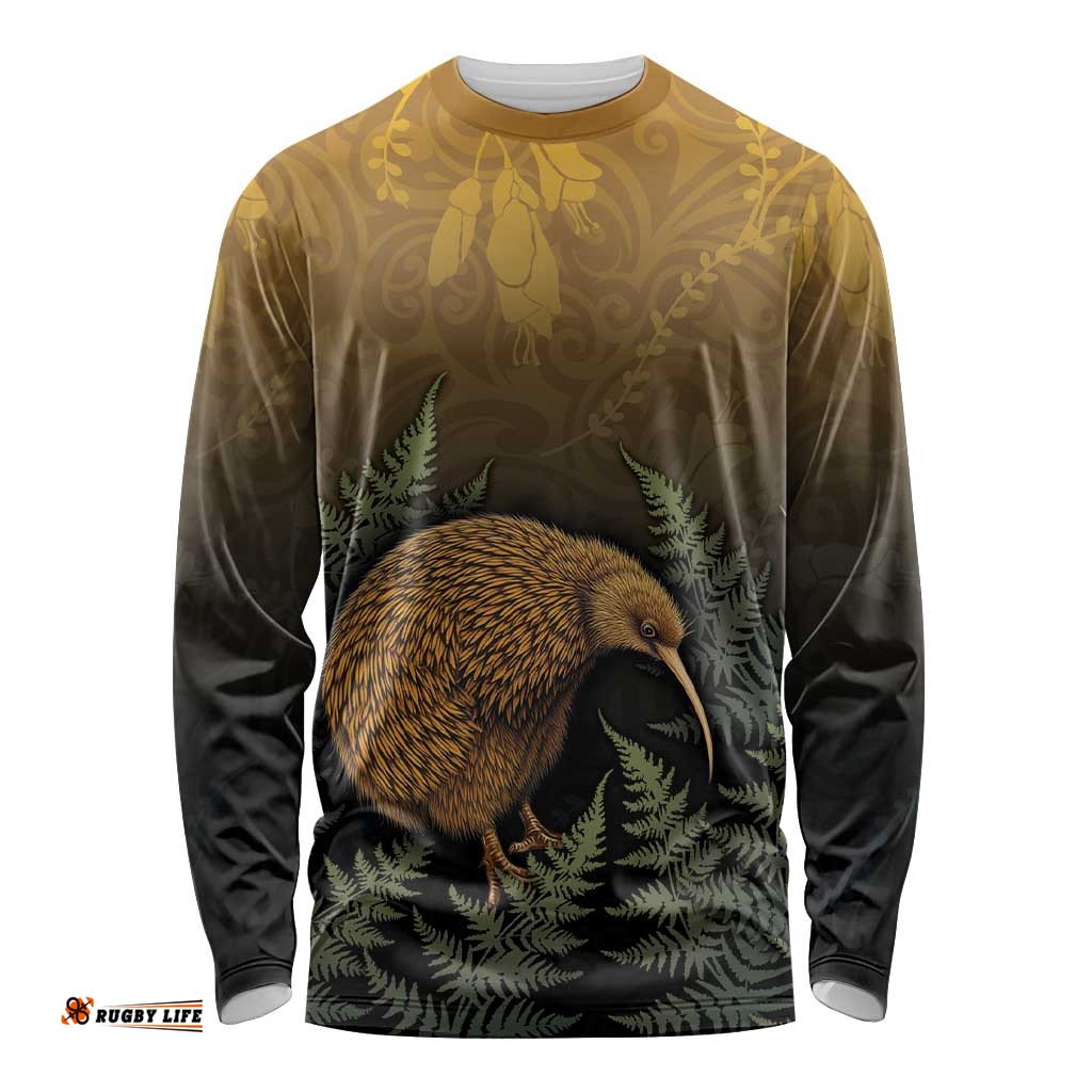 New Zealand Kiwi Bird Long Sleeve Shirt Silver Fern Mix Maori Pattern LT05
