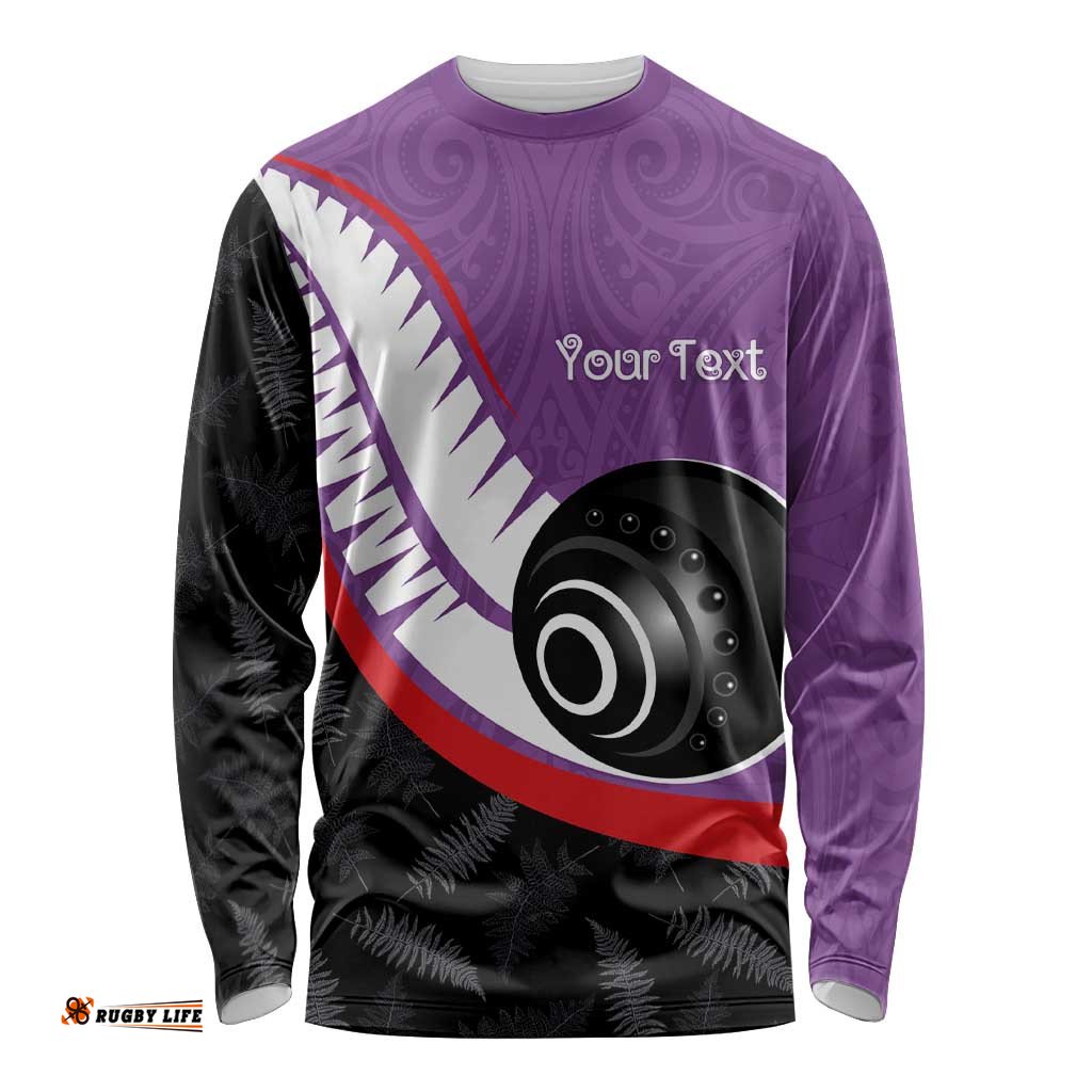 Personalised Aotearoa Lawn Bowls Long Sleeve Shirt Maori and Silver Fern Sporty Style Purple Color LT03