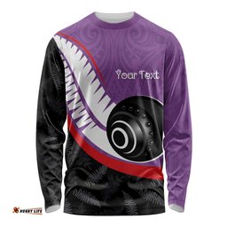 Personalised Aotearoa Lawn Bowls Long Sleeve Shirt Maori and Silver Fern Sporty Style Purple Color LT03