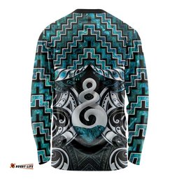New Zealand Maori Long Sleeve Shirt Poutama Pikorua Turquoise Paua Shell LT05