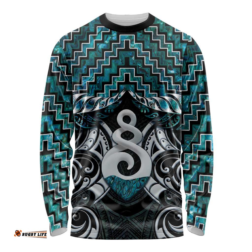 New Zealand Maori Long Sleeve Shirt Poutama Pikorua Turquoise Paua Shell LT05