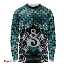 New Zealand Maori Long Sleeve Shirt Poutama Pikorua Turquoise Paua Shell LT05