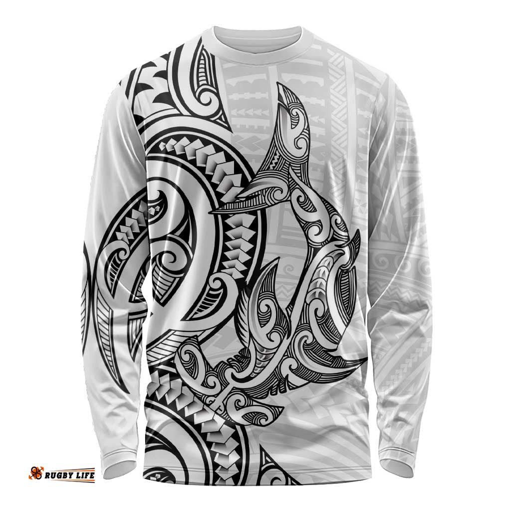 New Zealand Hammerhead Shark Long Sleeve Shirt Maori Haehae Mangopare White LT14