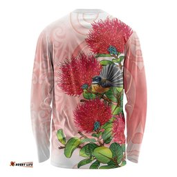 New Zealand Fantail Long Sleeve Shirt Maori Koru With Pohutukawa Flowers LT05