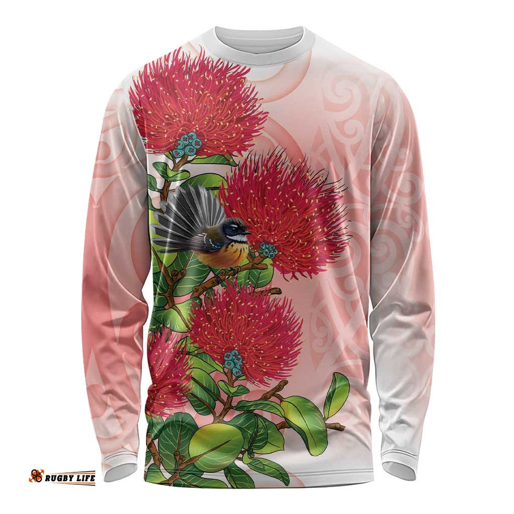 New Zealand Fantail Long Sleeve Shirt Maori Koru With Pohutukawa Flowers LT05