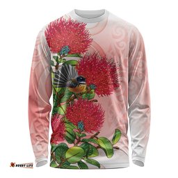 New Zealand Fantail Long Sleeve Shirt Maori Koru With Pohutukawa Flowers LT05