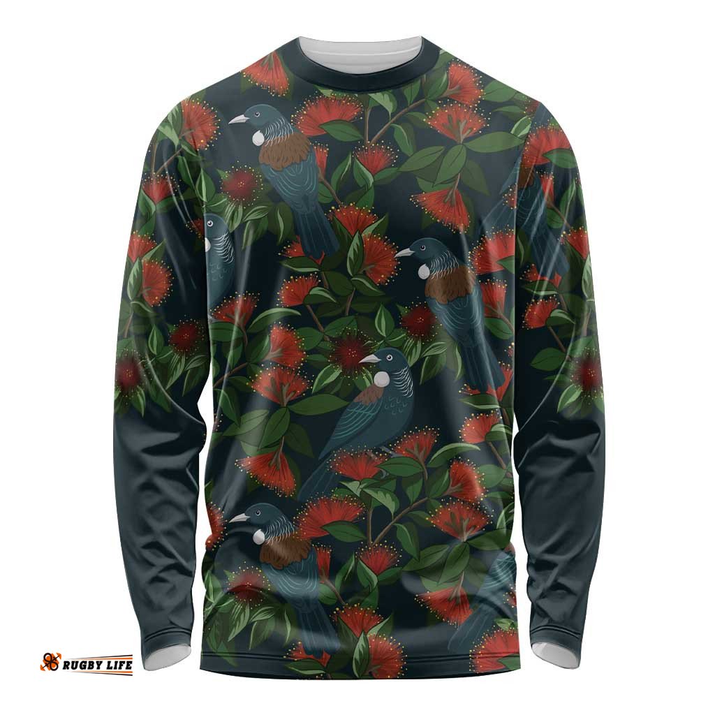 New Zealand Christmas Long Sleeve Shirt Romantic Tui Birds on Pohutukawa - Cobalt LT7