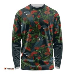 New Zealand Christmas Long Sleeve Shirt Romantic Tui Birds on Pohutukawa - Cobalt LT7