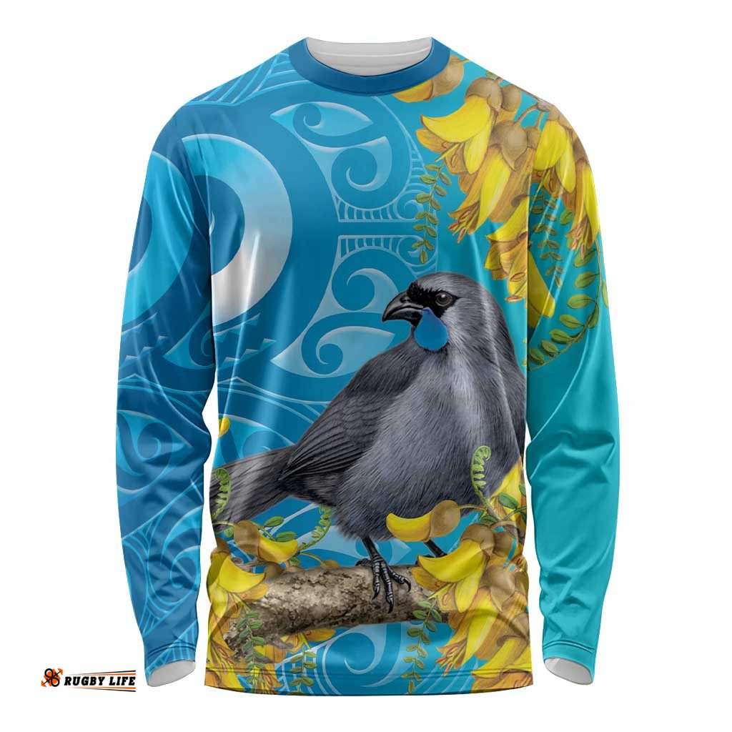 New Zealand Kokako Bird Long Sleeve Shirt Maori Koru With Kowhai Flowers LT05