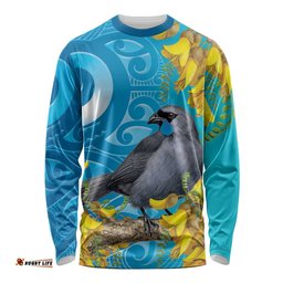 New Zealand Kokako Bird Long Sleeve Shirt Maori Koru With Kowhai Flowers LT05