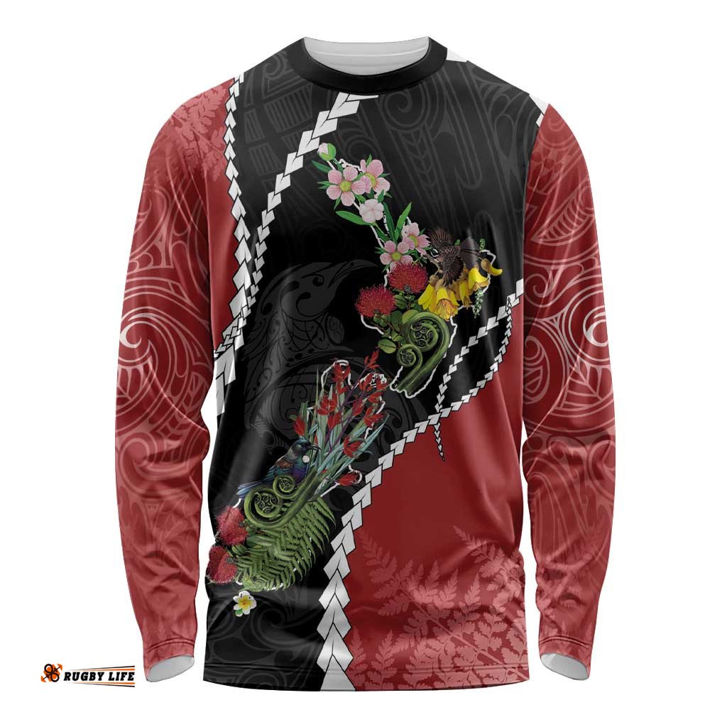 New Zealand Christmas Long Sleeve Shirt Flora Map with Birds LT7
