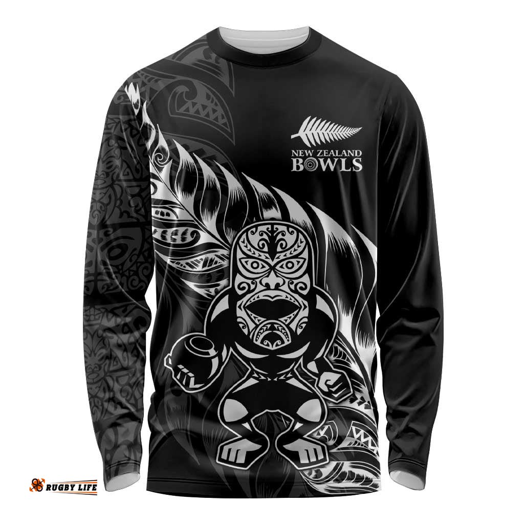 New Zealand Lawn Bowls Custom Long Sleeve Shirt Black Maori Warrior Tribal Silver Fern LT9