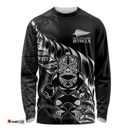 New Zealand Lawn Bowls Custom Long Sleeve Shirt Black Maori Warrior Tribal Silver Fern LT9