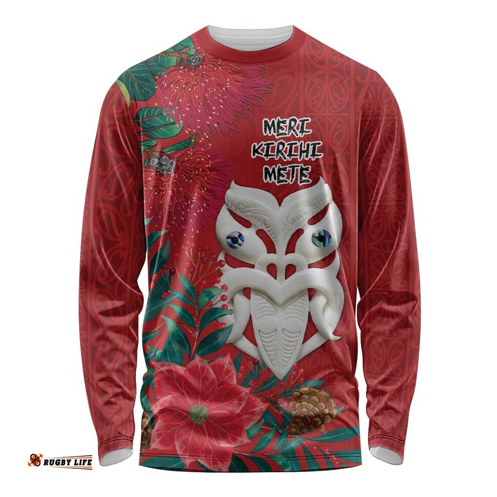 Maori Wheku Meri Kirihimete Personalised Long Sleeve Shirt All Red Indigenous Maori Motif LT9