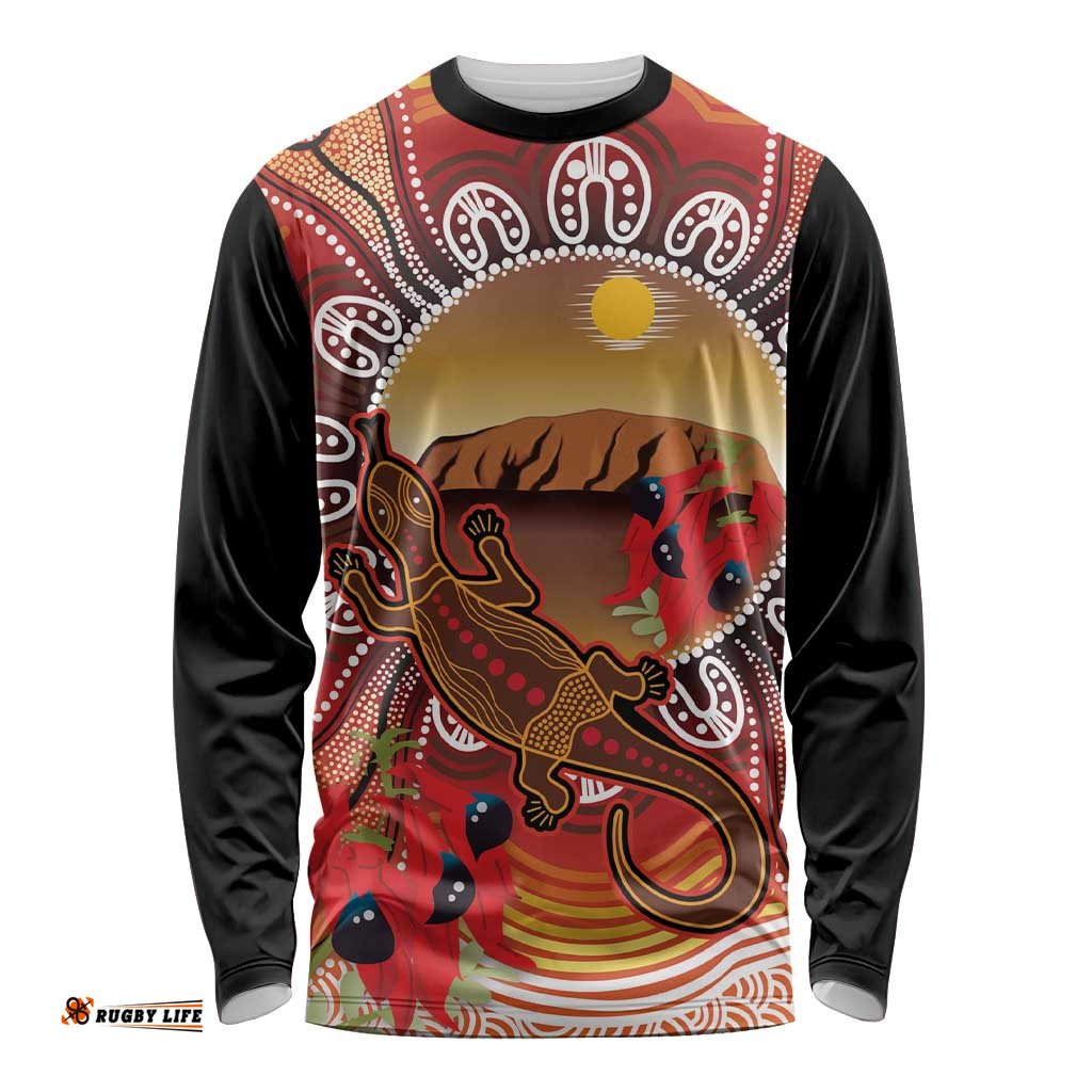 Indigenous Goanna Australia Long Sleeve Shirt Aussie Uluru Ayers Rock Sturt's Desert Pea LT14
