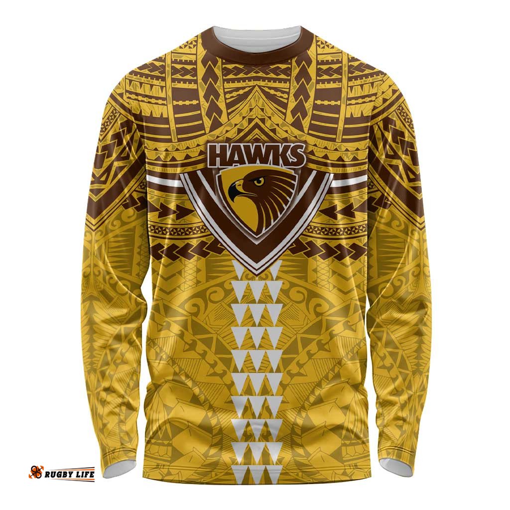 Personalized Hawthorn Hawks Long Sleeve Shirt Polynesian Tribal Pattern Heritage Football TS04