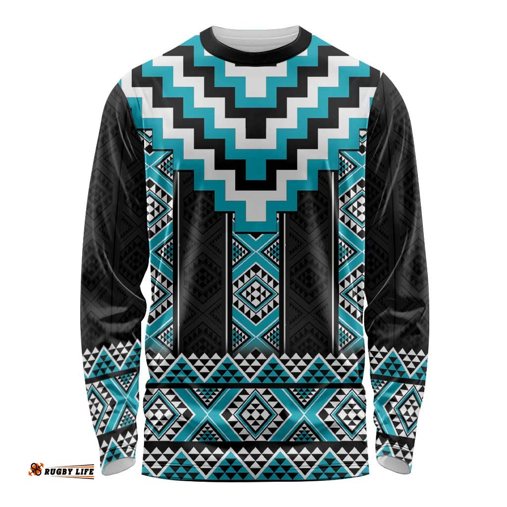 Turquoise Taniko Pattern Aotearoa Long Sleeve Shirt Niho Taniwha Mix Poutama LT14