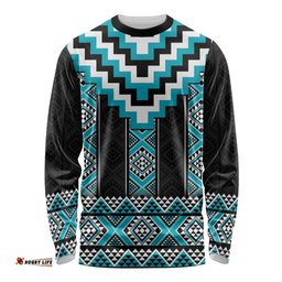 Turquoise Taniko Pattern Aotearoa Long Sleeve Shirt Niho Taniwha Mix Poutama LT14